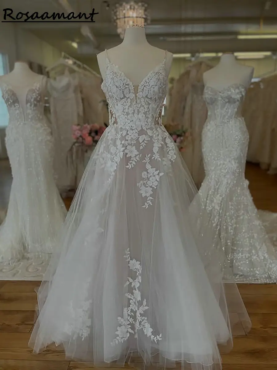 Деревенские свадебные платья трапециевидной формы на бретельках с открытой спиной и аппликациями без рукавов, кружевные деревенские свадебные платья