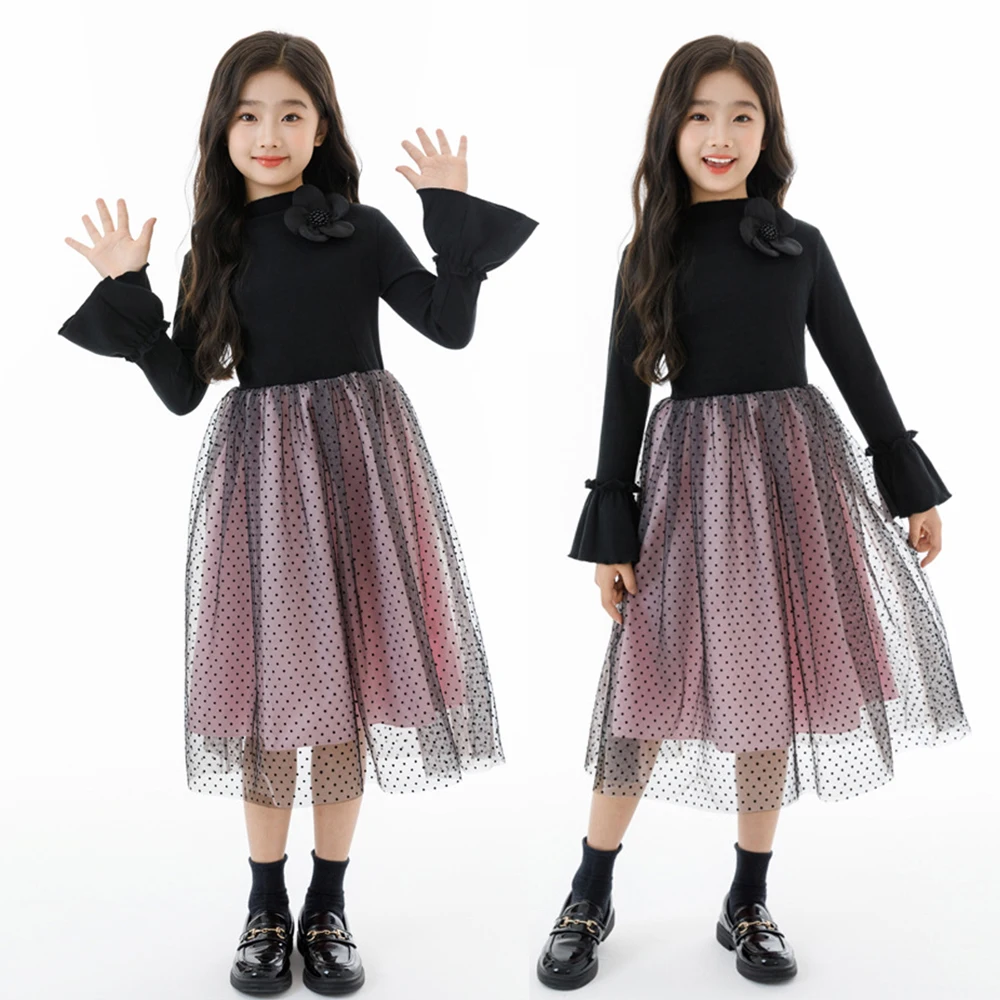 

One-piece Dress for Girls Flare Sleeve Spring Autumn Girl Princess Dress Patchwork Dot Mesh Bottom 4-14Y Children Clothes Daily