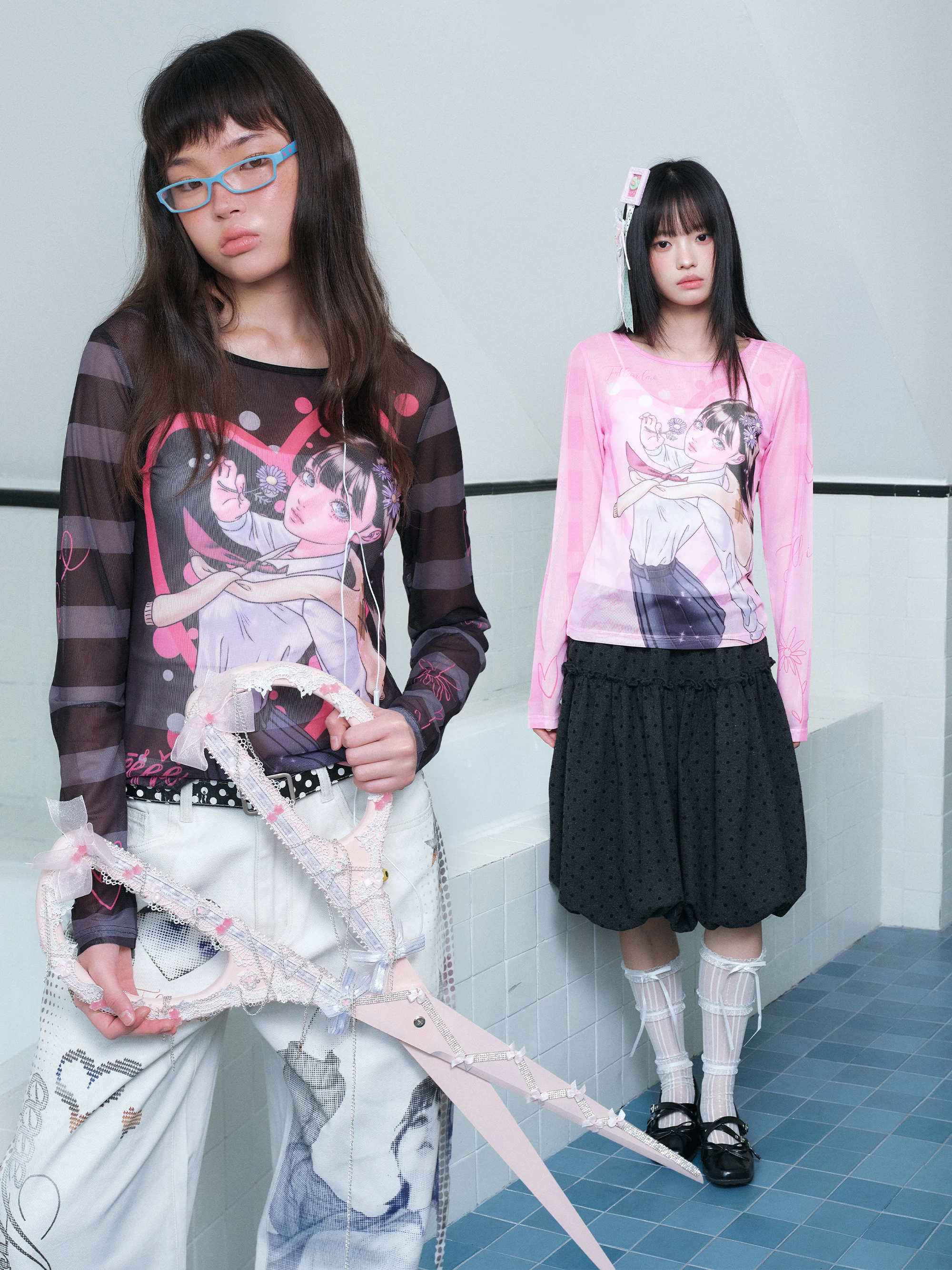 Eeee X PEGACON Design Printed T-Shirt Girl's Mesh Cover up Striped Digital Print Long Sleeve round Neck Comfortable Breathable