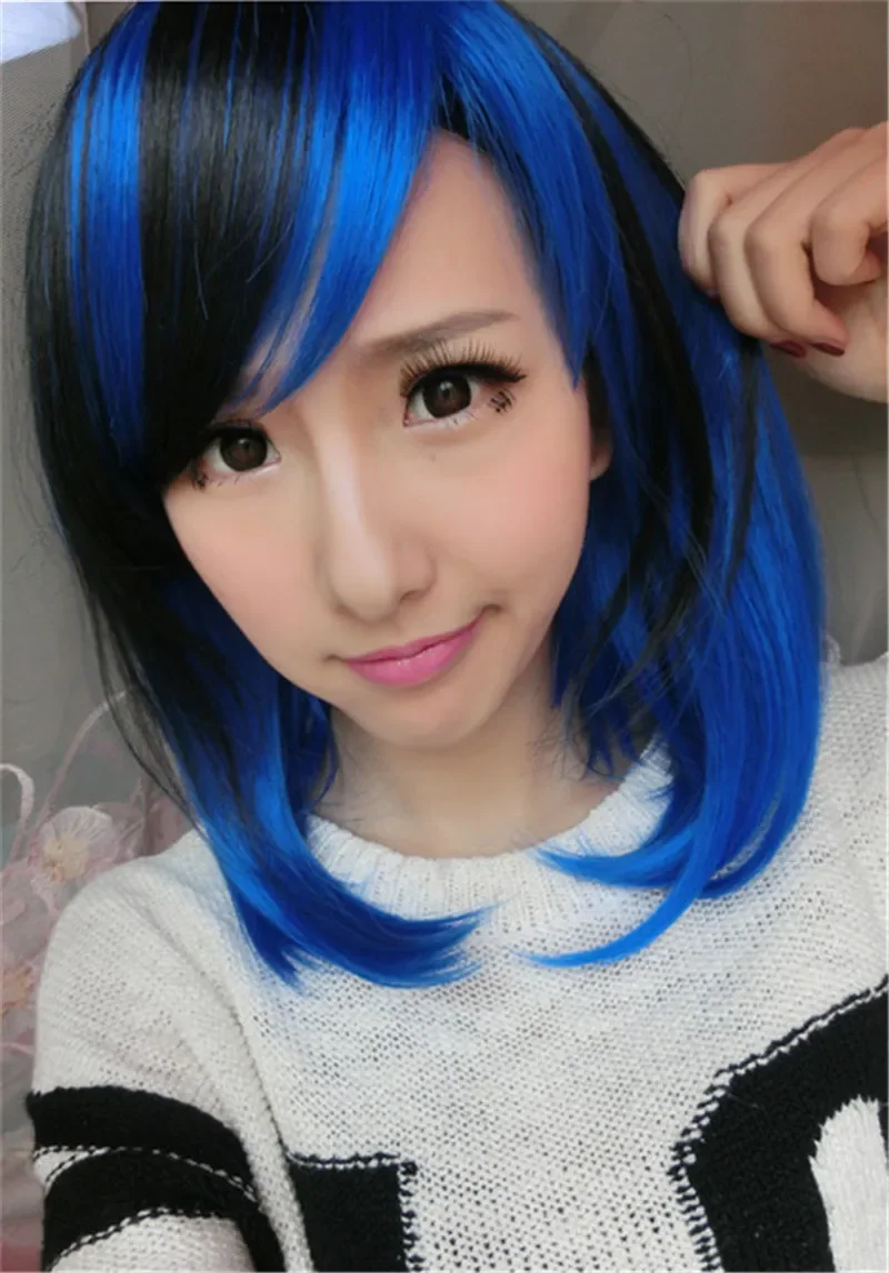 short straight wigs black mix blue wig cosplay women lolita synthetic anime heat resistant peruca ombre hair