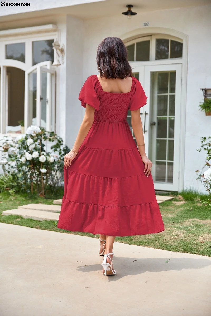 Vestido largo de manga corta con cuello cuadrado para mujer, maxivestido escalonado, holgado, bohemio, para playa y fiesta de invitados de boda