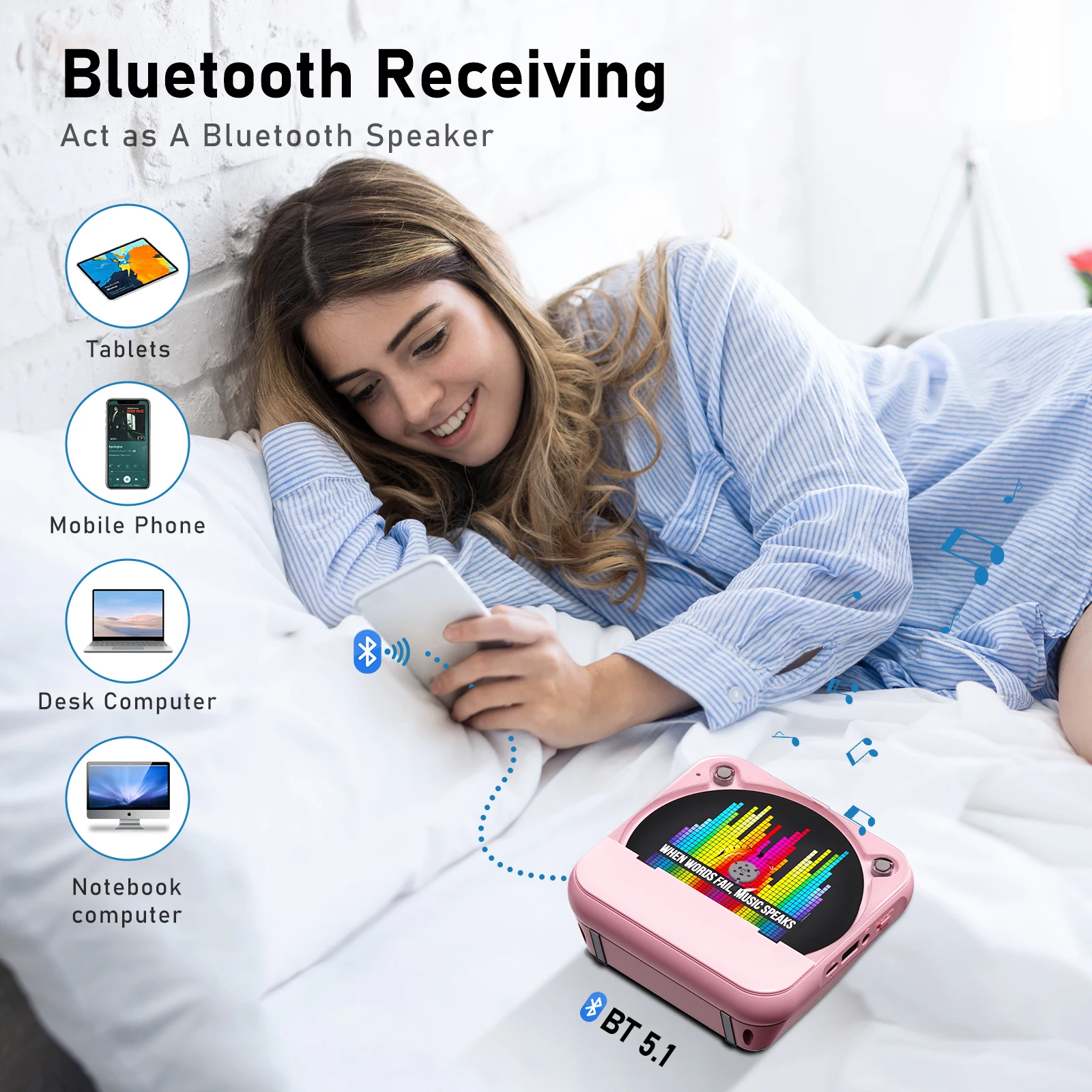 مشغل سي دي مكتبي صيفي مع جهاز تحكم عن بعد ، بي تي ، شاشة عرض ليد منزلية ، واي فاي مدمج ، مكبرات صوت ستيريو ، راديو FM