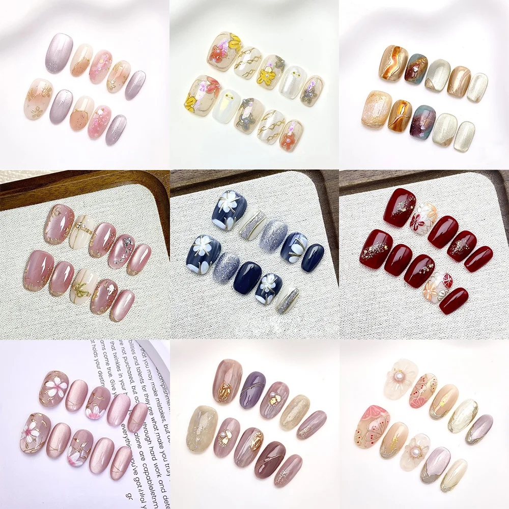 

10pcs Handmade 3D Floral Press-On Nails Wine-Red Pink Cat Eye Fake Nail Tips with Pearl Easy to Wear and Suitable for Daily Use