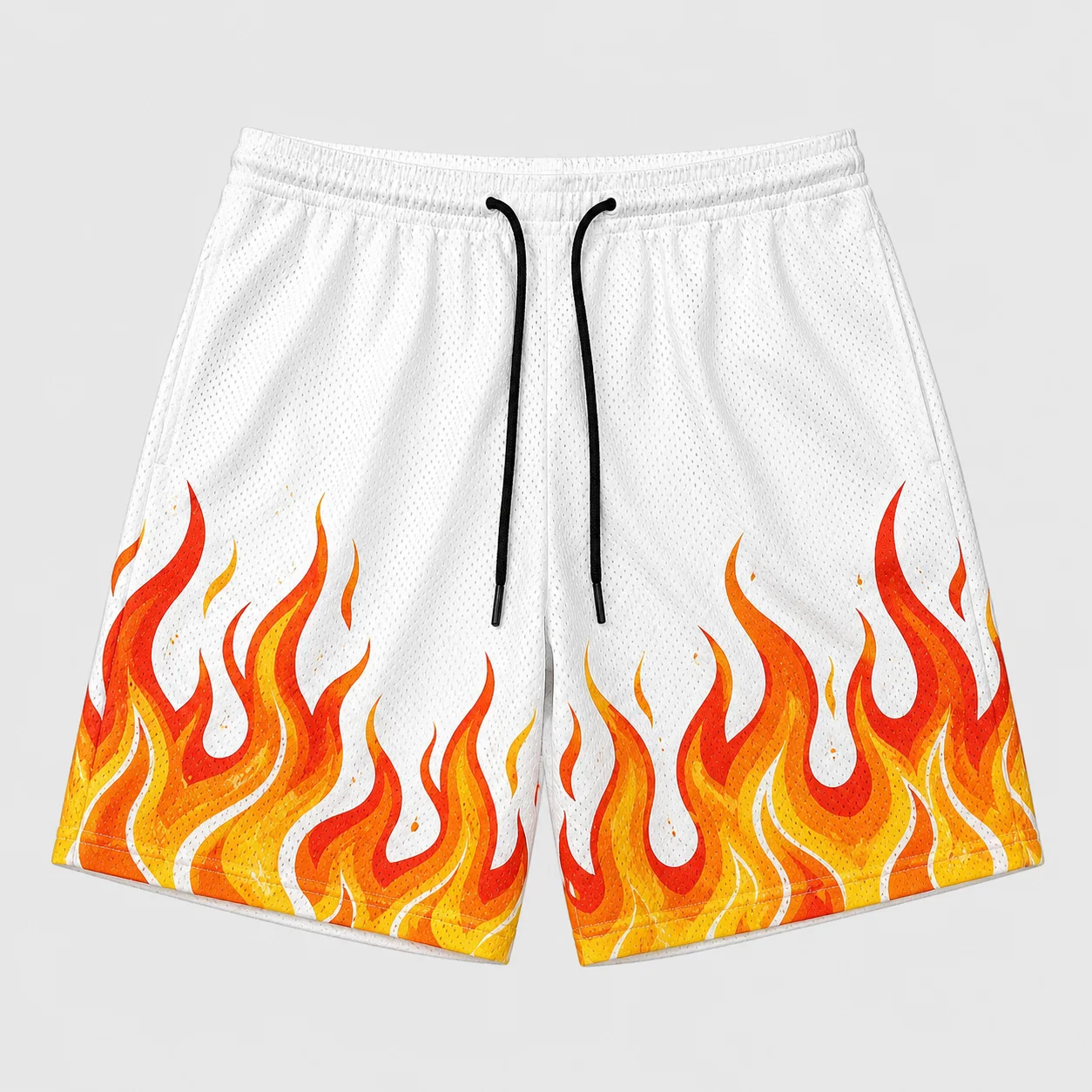Mens White Mesh Shorts Orange Flame Print Drawstring Elastic Waist Basketball Sports Shorts Summer Streetwear Bottoms
