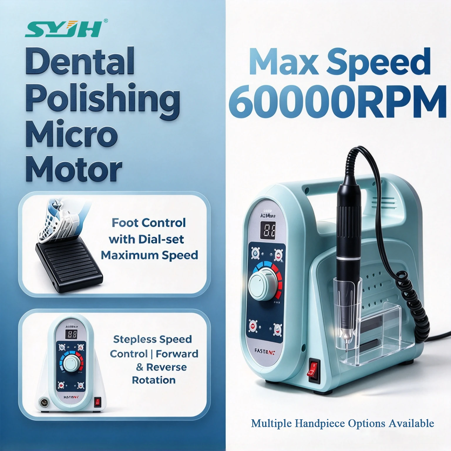 SYJH FASTRONG S-300 Dental Lab Brushless Micromotor 60000 RPM 120W Foot Pedal Control 2.35mm Handpiece for Trimming Equipment