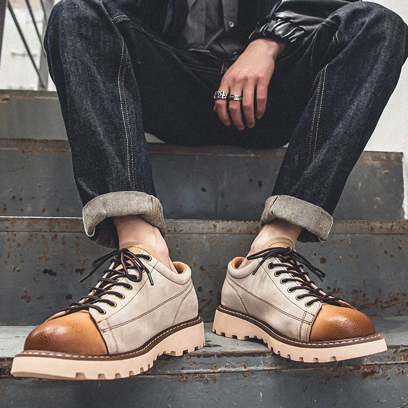 Men Leather Casual Shoes Comfortable Platform Shoes Suede Genuine 2023 British Style Lace-Up Shoes Outdoor Low Ankle Men Shoer