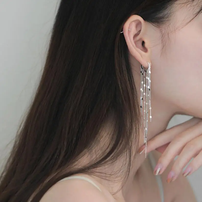 925 Sterling Silver Light Luxury Long Tassel Hoop Earrings Female Temperament Love Heart Gorgeous Handmade Jewelry Wedding Gift view 5