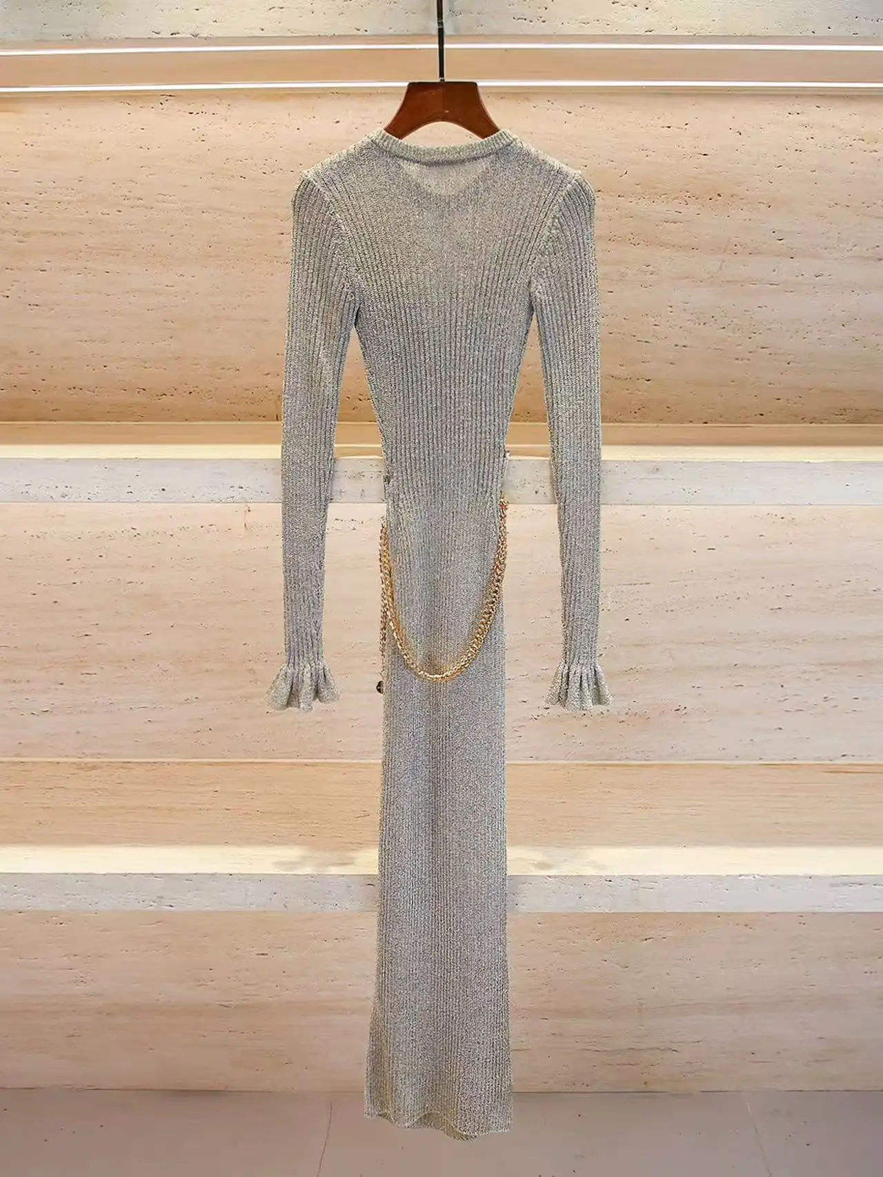 الخريف الشتاء أزياء الخصر سلسلة تصميم طويل الأكمام Bodycon اللباس المرأة أنيقة تمتد ضئيلة رداء Ladie