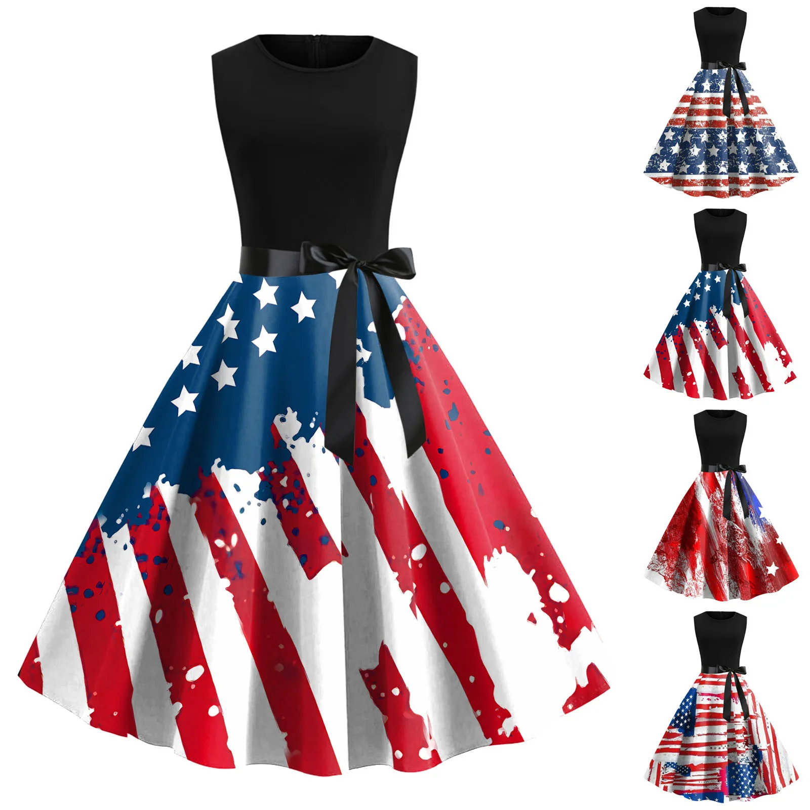 Womens Summer Round Neck Sleeveless America Flag Print Vintage Rockabilly Short Summer Dresses Wu Dress Vintage Dress for Women