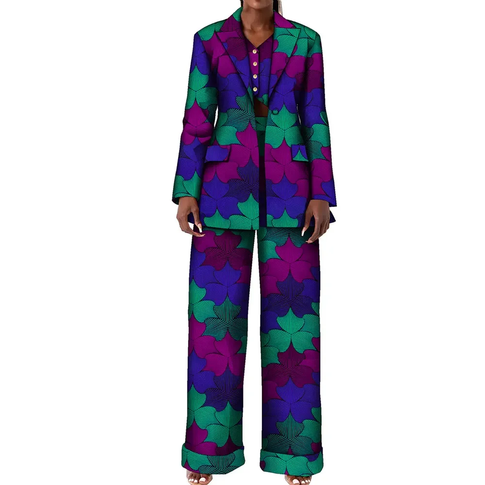 

3pcs Set Africa Women Blazers Jackets Suits Top and Pants Suit Wide Leg Dashiki African Print Party Official Office Lady Wy10547