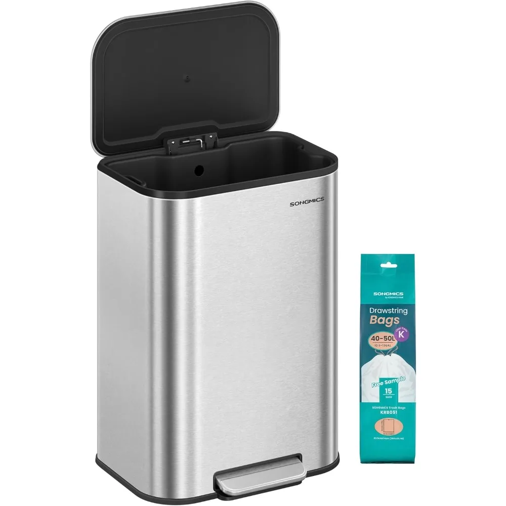 

Kitchen Trash Can, 13-Gallon (50 L) Garbage Can with Lid, Stainless Steel, Soft Close and Stays Open, Inner Bucket, Wide