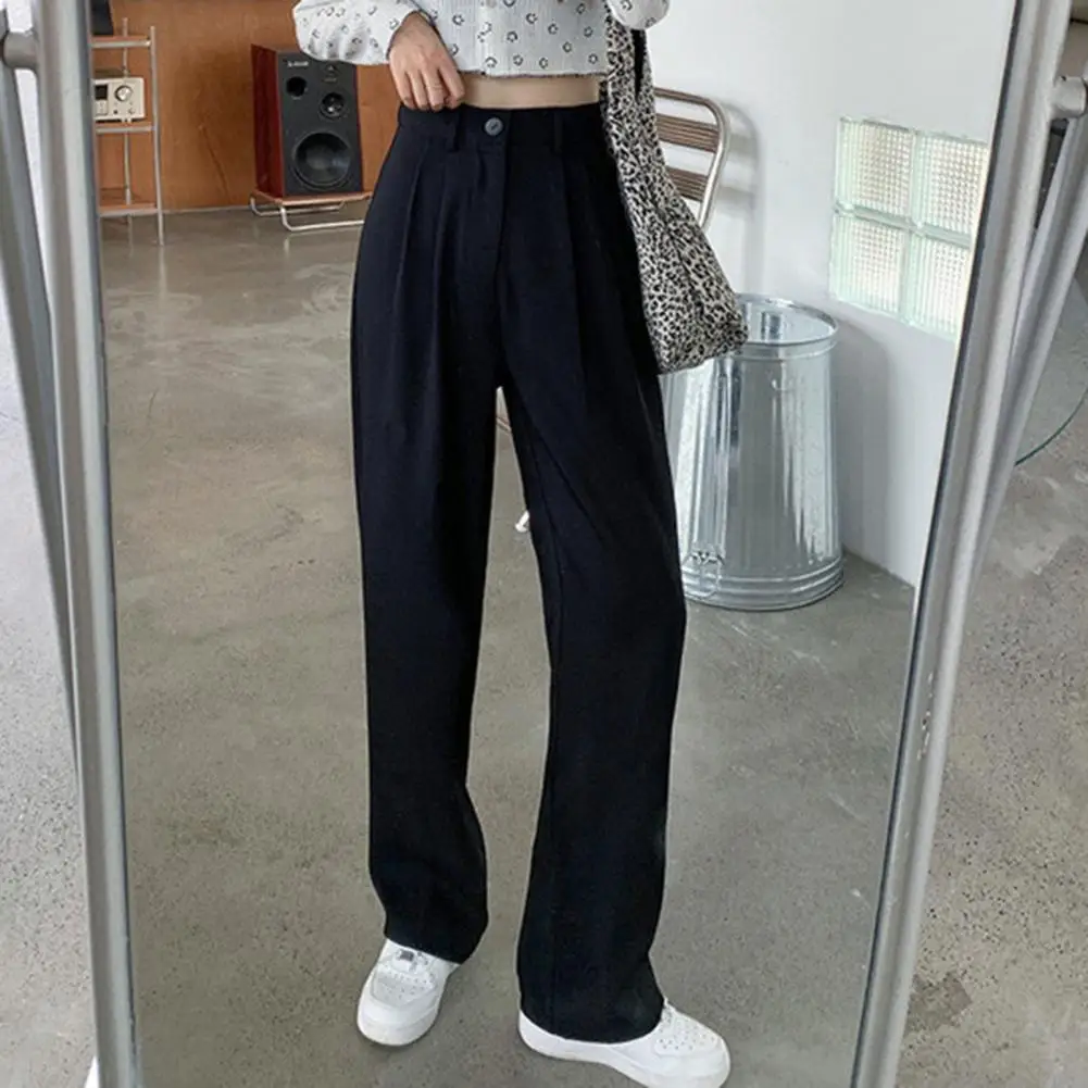 Casual Loose Fit Trousers Elegant Women\'s High Waist Suit Pants with Wide Leg Pockets Stylish Office Lady Trousers for A