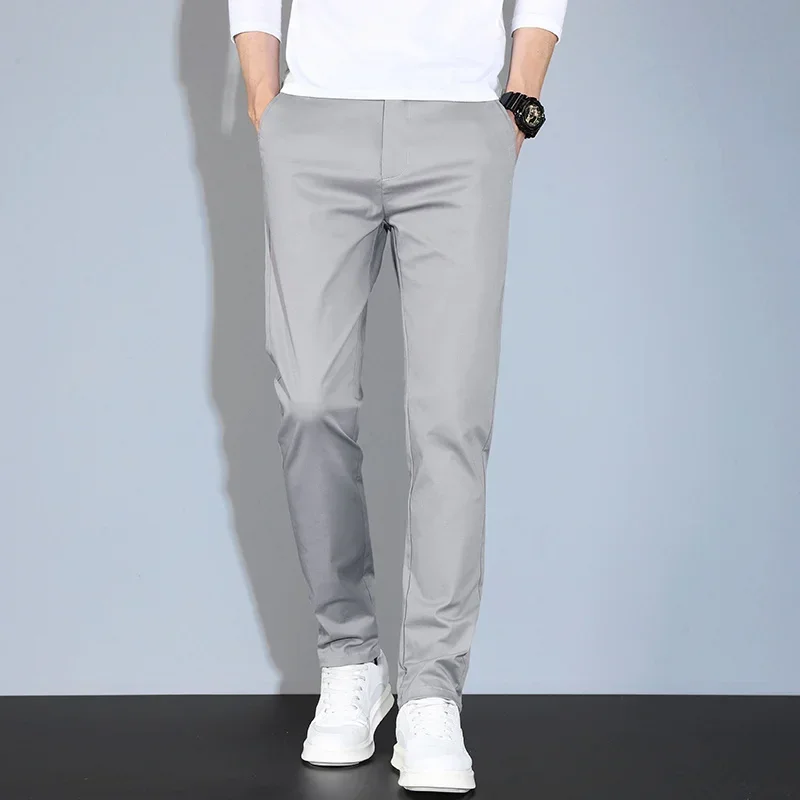 Summer Casual Men Soft Comfortable Khaki Gray Elastic Waist Business Straight Trousers Ultra-thin Ice Silk Pants Brand Clothing