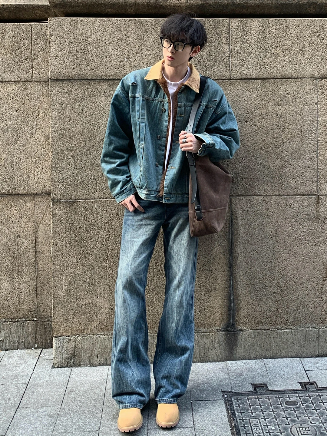 

Retro Blue Bamboo Node Pattern Men's Jeans High Street Vibe Micro Flared Pants Clean Fit Drapey Knife Pants