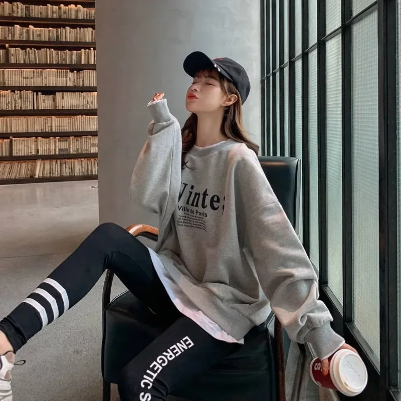 Fake Two Pieces Hoodie Women O-neck Letter Print Sweatshirt Autumn Streetwear Harajuku Korean Fashion Hip Hop Basic Ins Hoodies