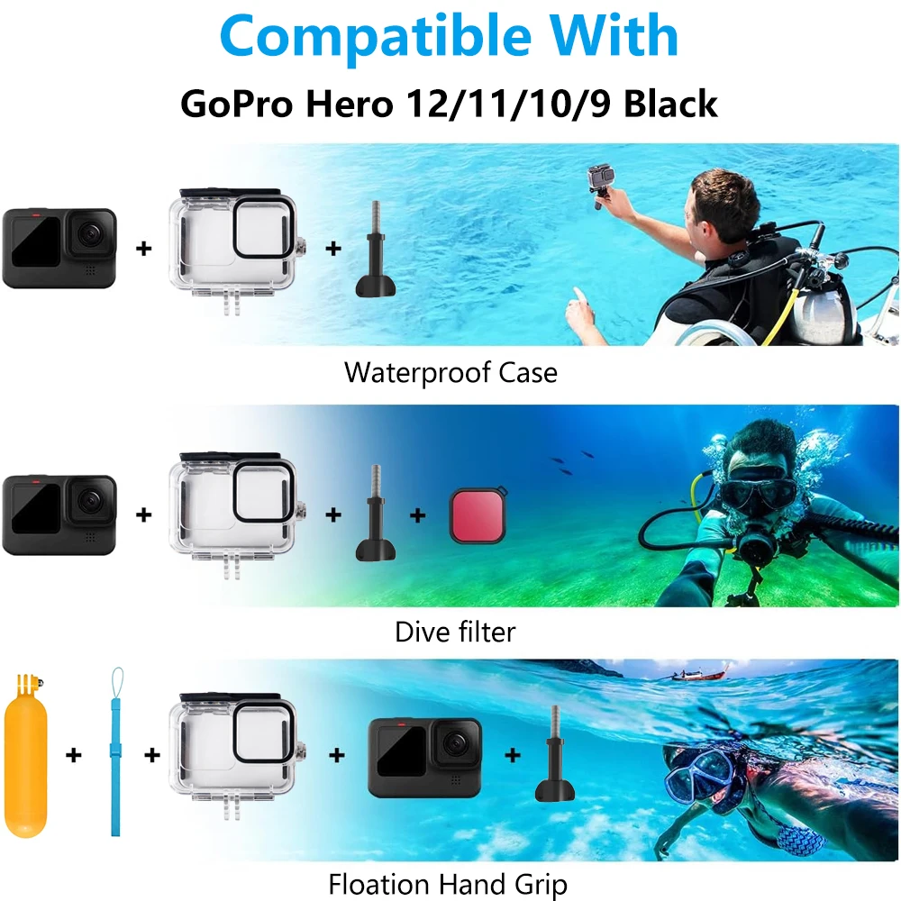 Waterproof Housing Case Protective 60M/196FT Underwater Dive Shell for GoPro Hero 12 11 10 9 Black Action Camera Accessories Kit