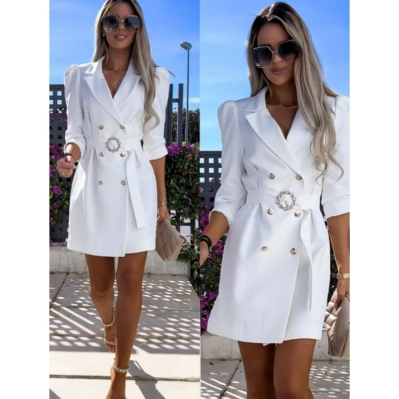 Fashionable Women\'s New Suit Jacket Dress With Double Breasted Buttons And Belt V-neck A-line Skirt Solid Color Office Women