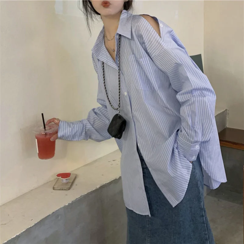 Blue Striped Shirt for Women Korean Style Oversized Blouse Vintage Off Shoulder Long Sleeve Top Female Button Up Harajuku