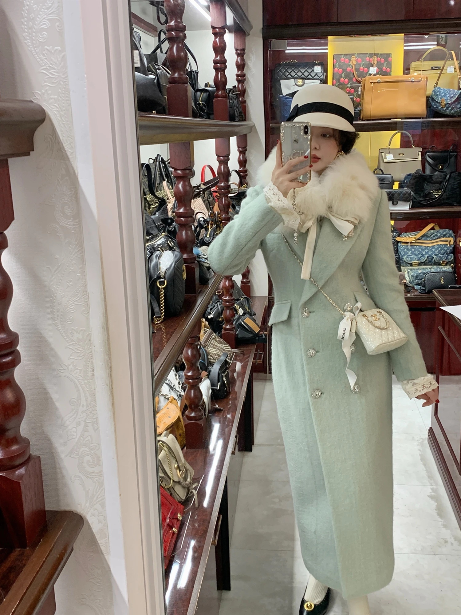 

Eees Long Woolen Coat Thiened 3D Waist a Double Breasted Winter Outerwear Straight Cut Vintage Sle Women's Jaet