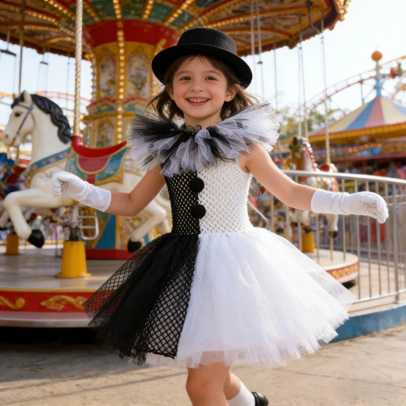 Girls' Black-and-White Tulle Clown Dress, Stage Clothes for Halloween Carnival Parties, Sweet Tulle Tutu Skirt, Holiday Dress