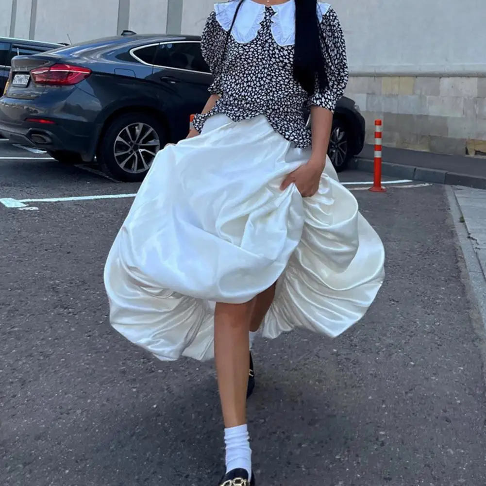 Sweet Maxi Skirt Solid Color Satin  Style Long Skirt Balloon Skirt Spring and Summer Women's High Waist Pleated Long Skirts