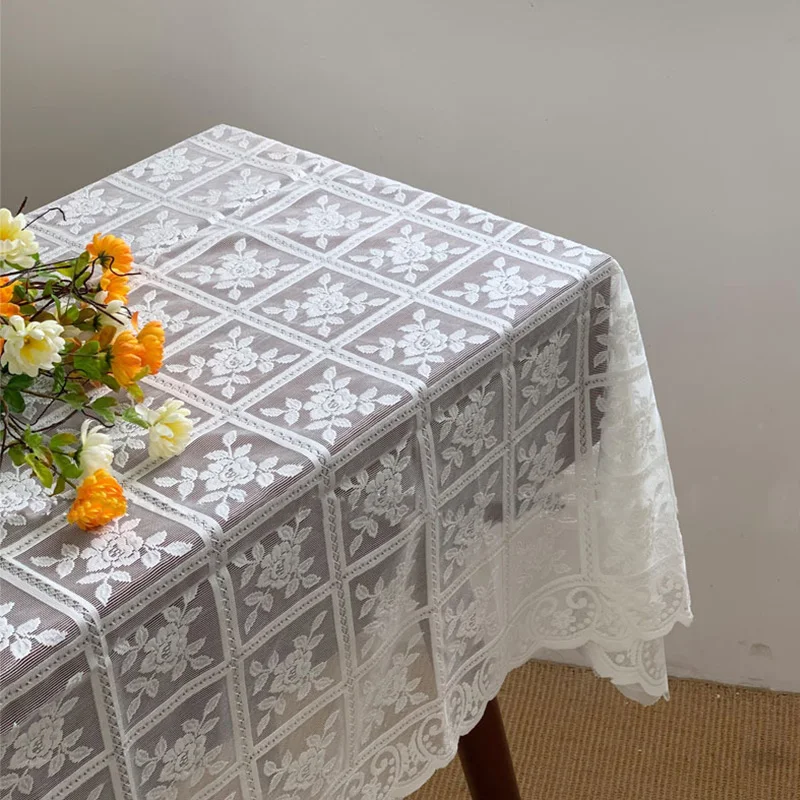 Dining Table Cloth Wedding Party Dining Deco Garden Tablecloth White Lace Ice Silk Hollowed Out Tablecloth Retro