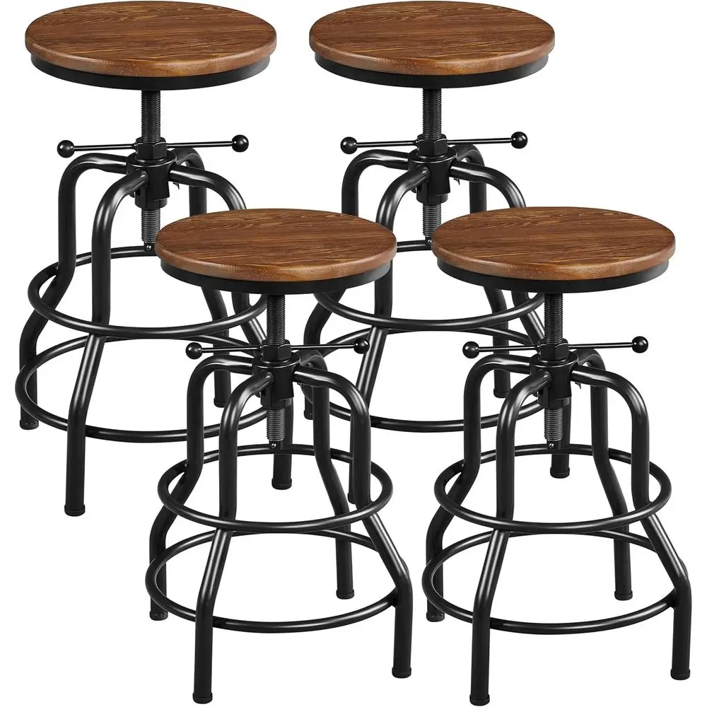

Industrial Vintage Metal Bar Stools with Round Wood Seat, Adjustable 20-27 Inch, Brown, Set of 4