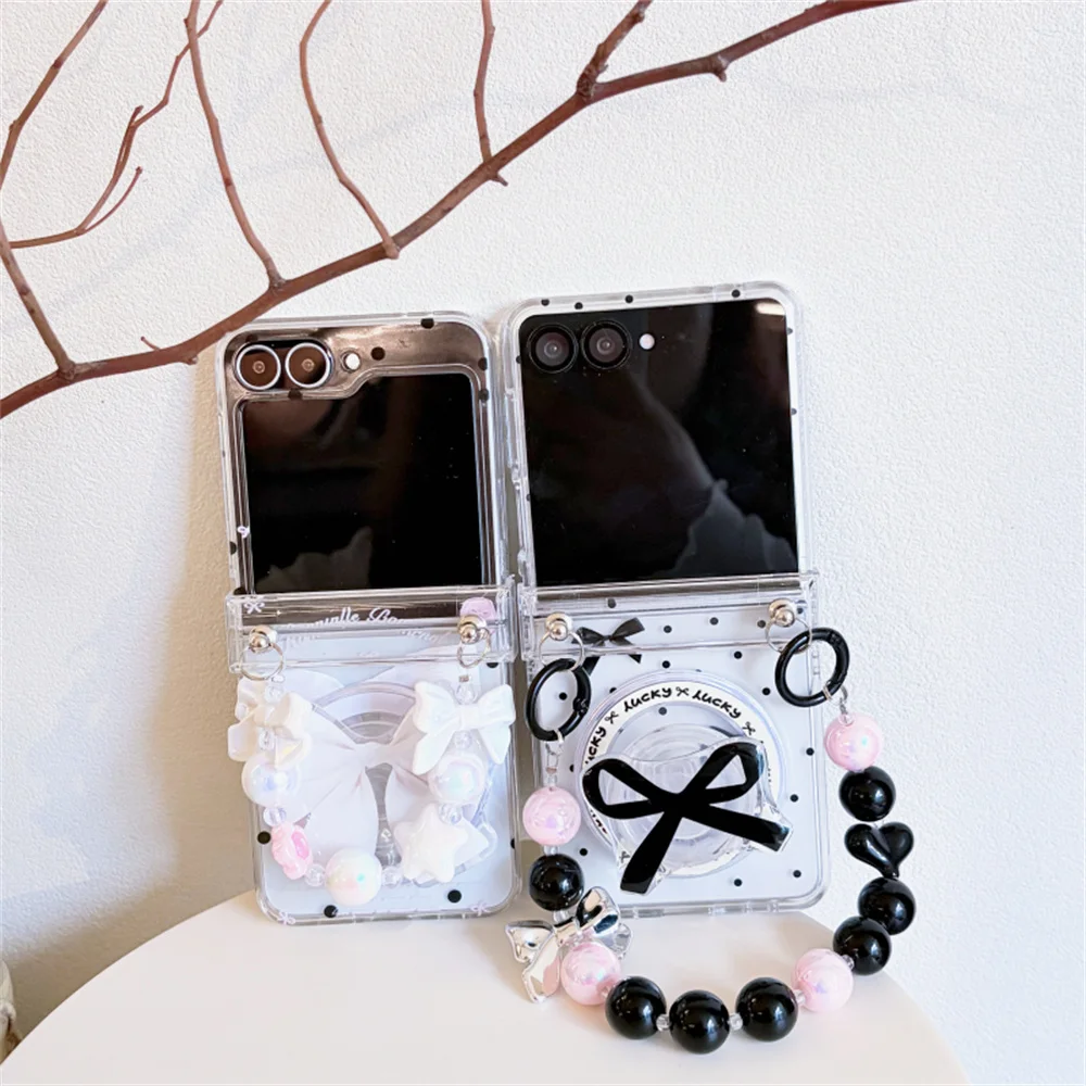 Black White Polka Dot Bow Magnetic Stand Phone Case For Samsung Galaxy Z Flip 8 7 6 5 Clear Hard Cover With Beaded Wrist Strap