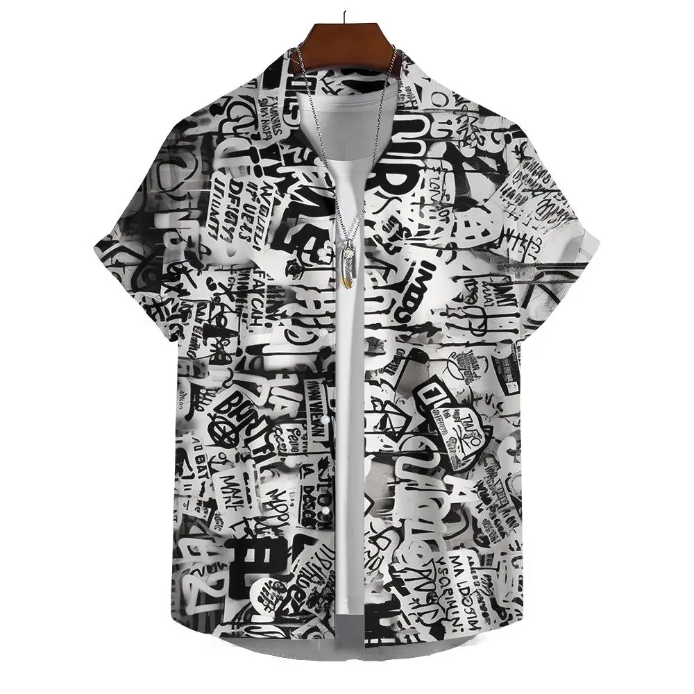 Hawaiian Shirt Short-Sleeved Shirt Men\'s Lapel Button-Down Shirt Graffiti Print Clothing Street Casual Loose Clothes 2024Fashion