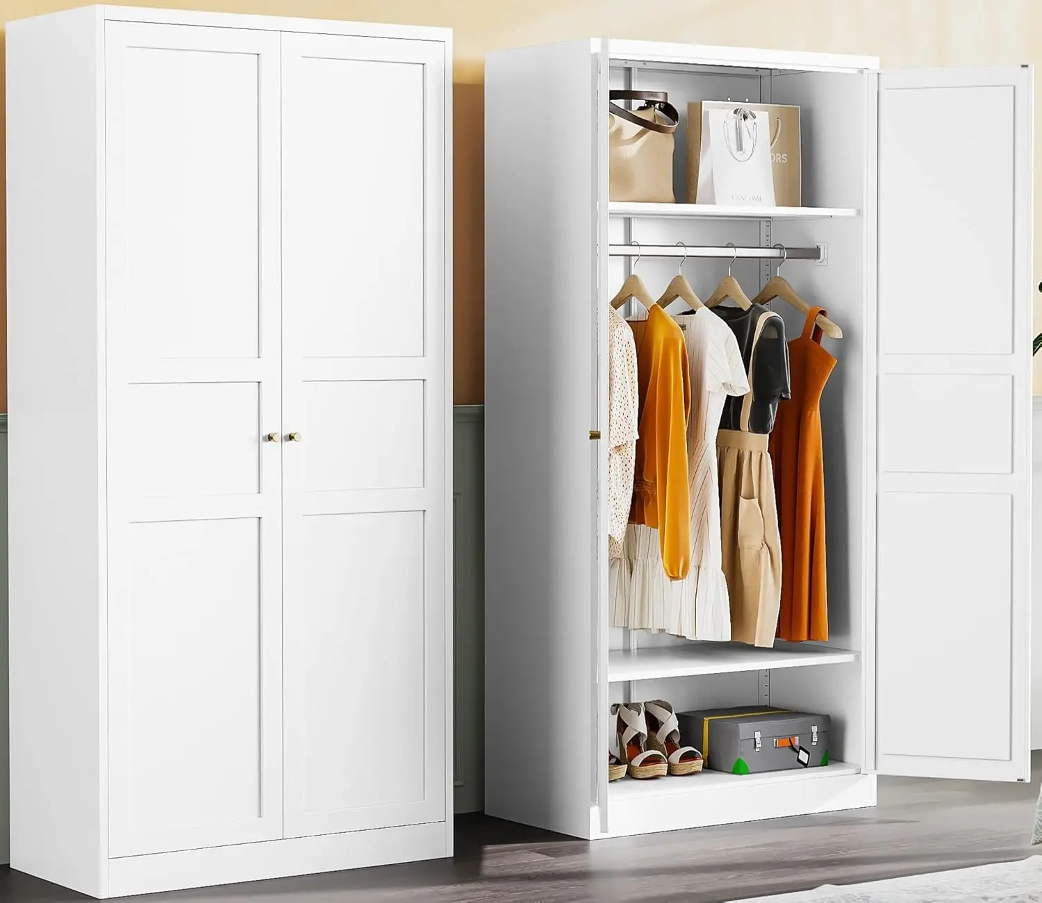 Wardrobe Cabinet with Hanging Rod,White Armoire Wardrobe Closet,Metal Clothing Storage Cabinet with Adjustable Shelves and Doors