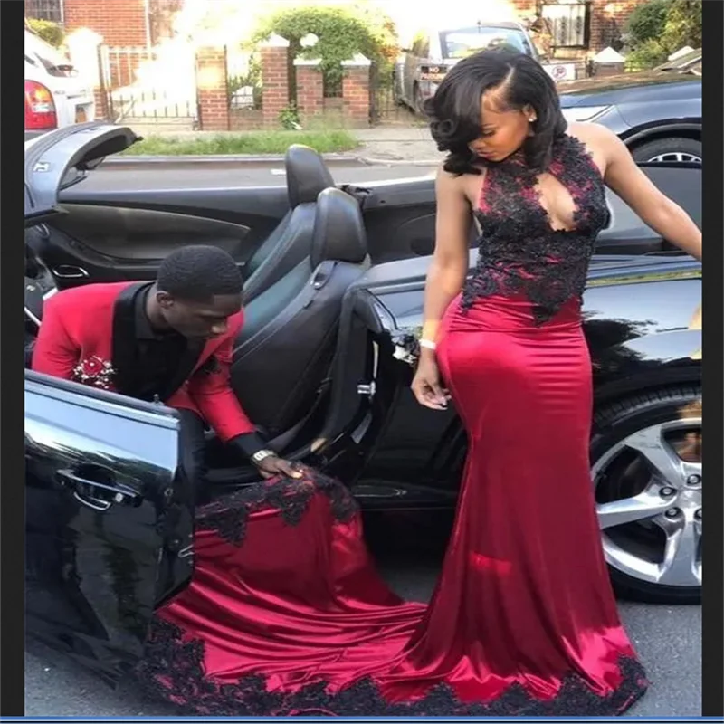 

New Black Girls Red prom Dresses With Black Appliques Sexy Mermaid Keyhole Neck Ruffles Long Evening Party Gowns For Teens Vesti