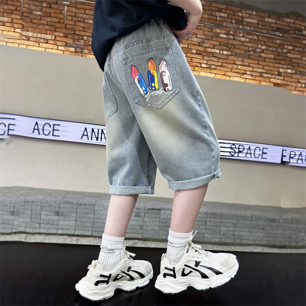 Summer New Fashion Graffiti Boys Denim Shorts Youth Jeans Children's Denim Shorts Kid Ripped Jeans 4 6 8 10 12 14Years