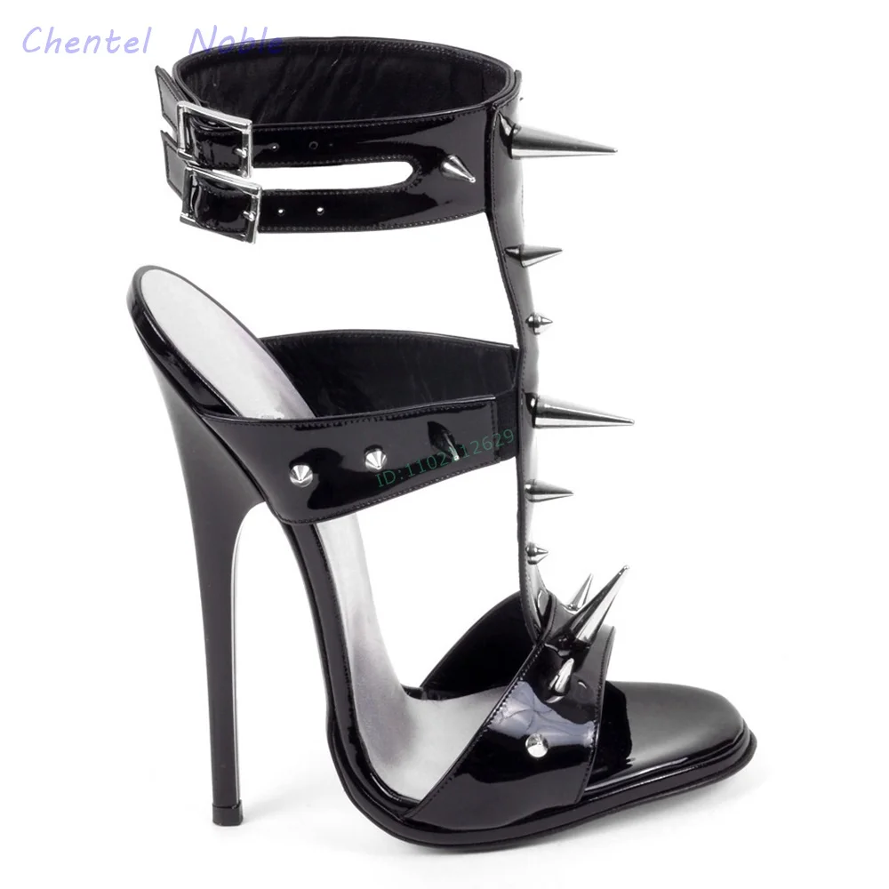 Black Patent Leather Sandals Pointed Rivets Metal Spikes Round Toe Women Stiletto Thin High Heels Summer Shoes Arrivals Party