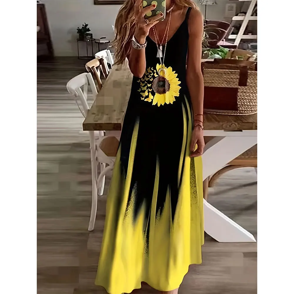 

Women Dress Fashion Butterfly And Sunflower Print Dress Hawaii Beach Vacation Dress Women'S Plus Size Loose V-Neck Halter Skirt