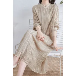 Real Silk Mulberry Silk Midi Dress for Women, Wrist Sleeve, Single Breasted Base Soft Dress, Chinese Style, Summer