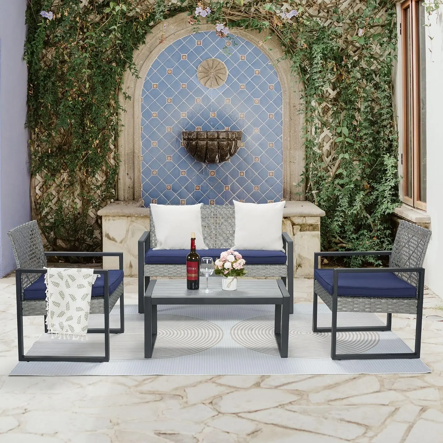 Wood Patio Set 4 Pcs, Outdoor Table & 3 Chairs, All-Weather Garden Balcony Backyard, Blue Cushion Gray Rattan, Customized