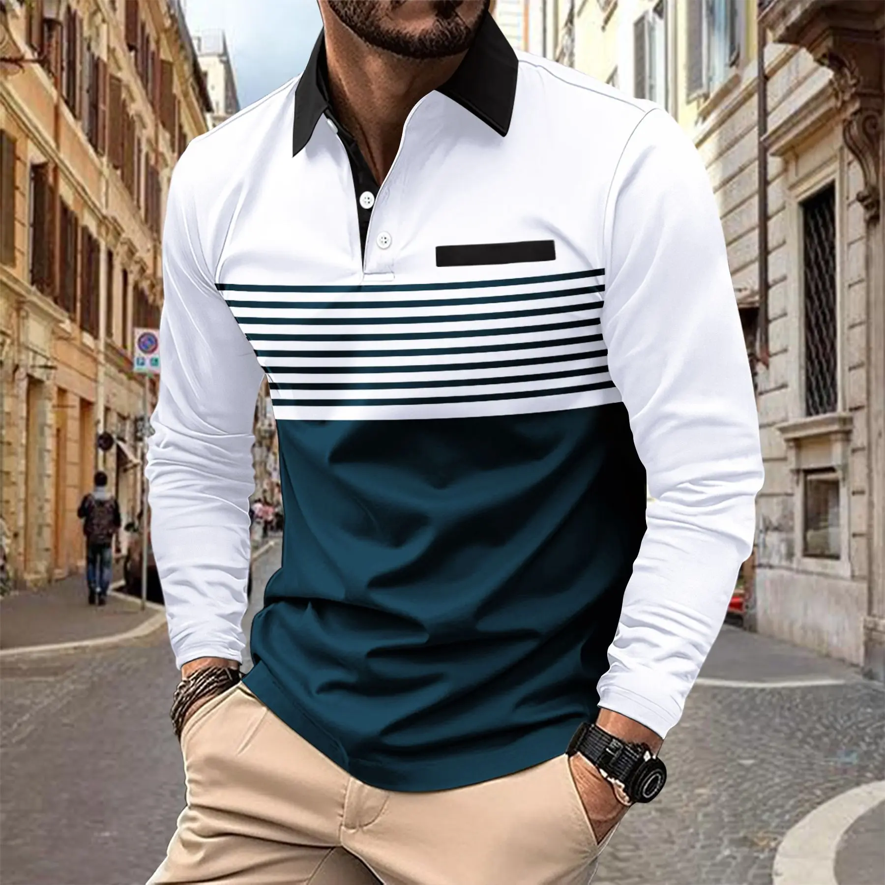 New Trend Men's POLO Shirt Casual Fashion City Color Matching Lapel Button Stripe Dummy Pocket Long Sleeve Tops