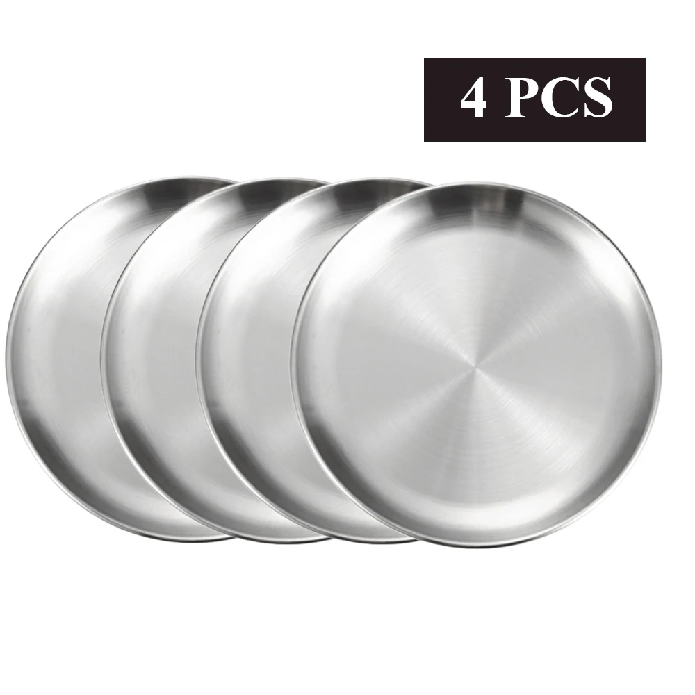 4Pcs Stainless Steel Dining Dish Camping Picnic Tray Dirt Proof Kitchen Bar Tableware Fruit Snack Cake Plate Kitchen Accessories