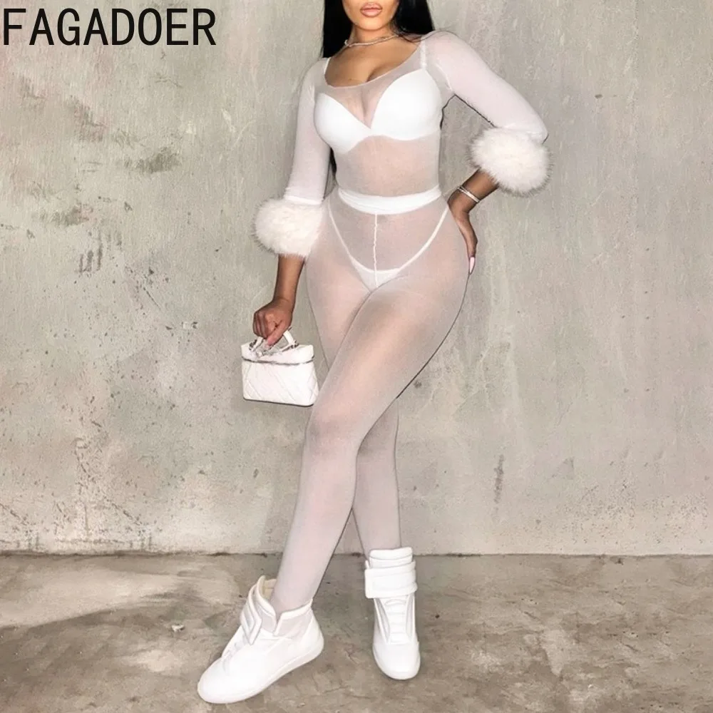 FAGADOER Y2K Sheer Mesh Pants Set for Women Long Sleeve See Through Top High Waist Leggings Faux Fur Cuffs Night Out Outfit New