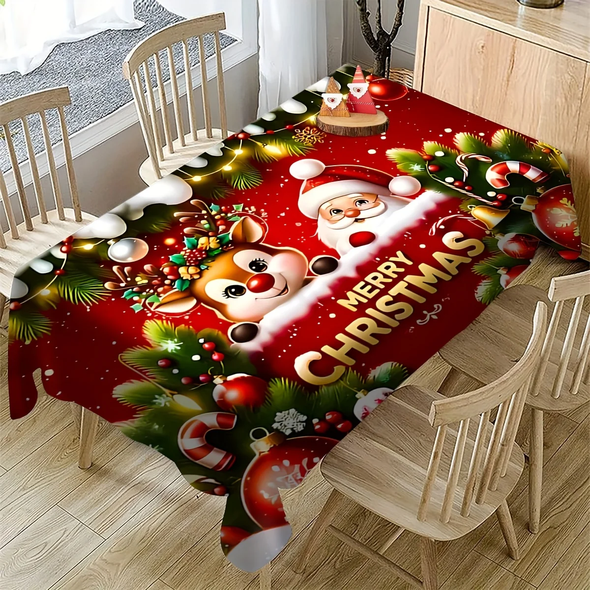 A Christmas joy decorative tablecloth, elegant, fashionable, trendy, magnificent, and grand.
