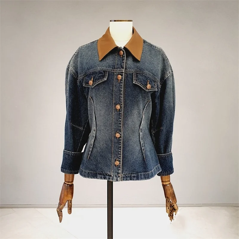 

Retro Color Blo Cotton Denim Jaet And Fi Tail Skirt Set Women's Faion High Waist Long Sve Collar Top And Bot