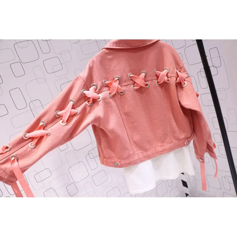 Harajuku Women Candy Color Bandage Lace Up Denim Jackets Autumn Holes Jeans Bomber Jacket Short Cowboy Cardigan Chaqueta Tops