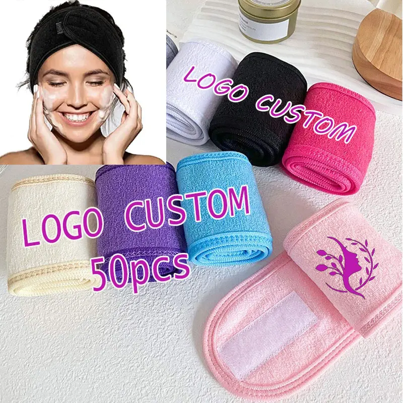 Comfortable Spa Headbands Soft Head Wrap For Face Washing Showering 50Pcs Logo Print Headbands With Velcro For Big Small Heads