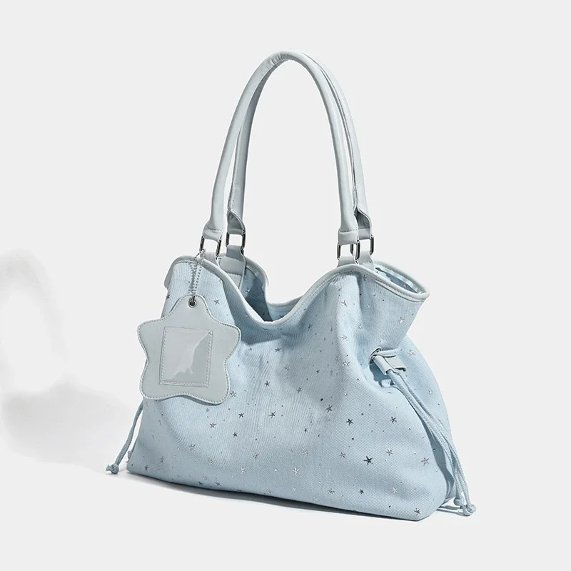 

Star-print Polka Dot Tote Bag Harajuku Sweet Women's Letter Embroidery Large Capacity Shoulder Bag Blue Underarm Bag Handbag