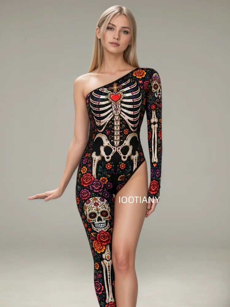 Gotischer Halloween-Skelett-Print-Bodysuit für Damen, One-Shoulder, einlanger Ärmel, asymmetrischer, enger Jumpsuit, Bühnen-Rave-Outfit – Detail 4