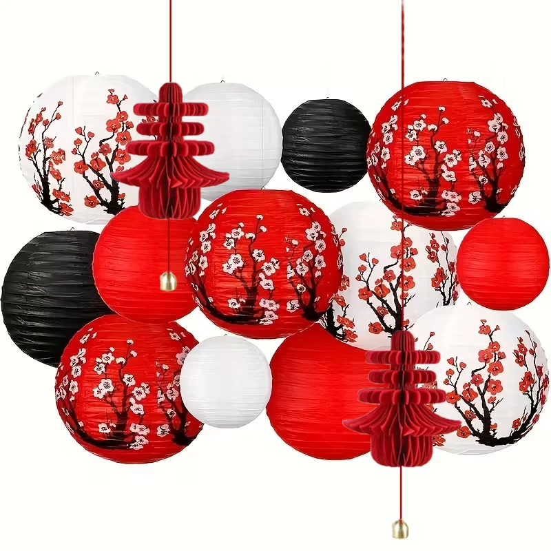 11 pièces lanternes en papier fleur de cerisier + ensemble de décoration cloche suspendue, lanternes en papier fleur de cerisier rouge 30.48 cm adaptées au festival de printemps, au nouvel an, au