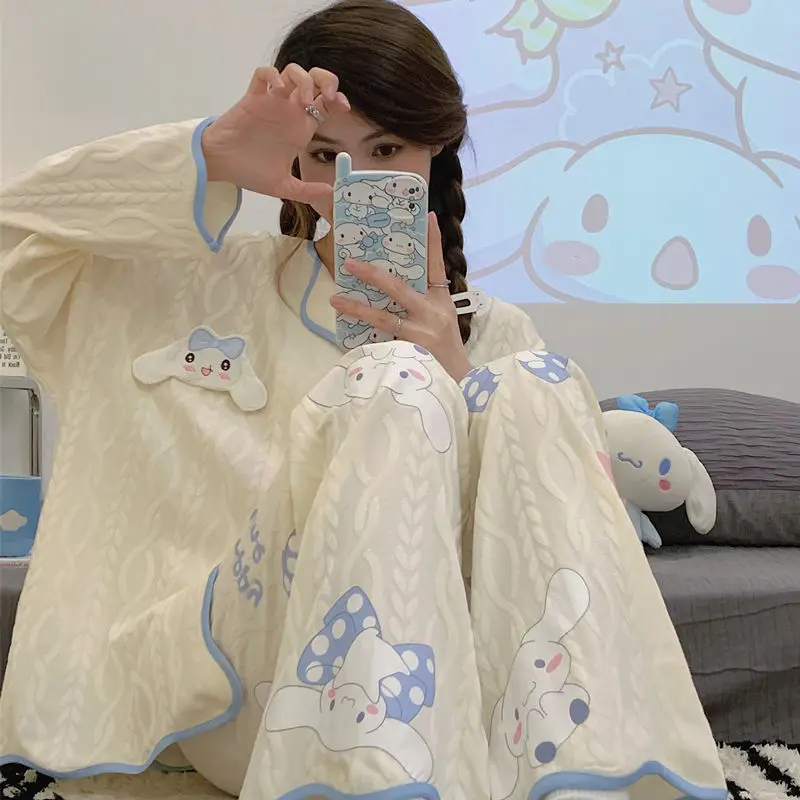 Sanrio Kuromi Cute Home Clothes Y2k Autumn Long sleeved Top Long pants Cartoon Two piece Set Women's Korean Pajama Set