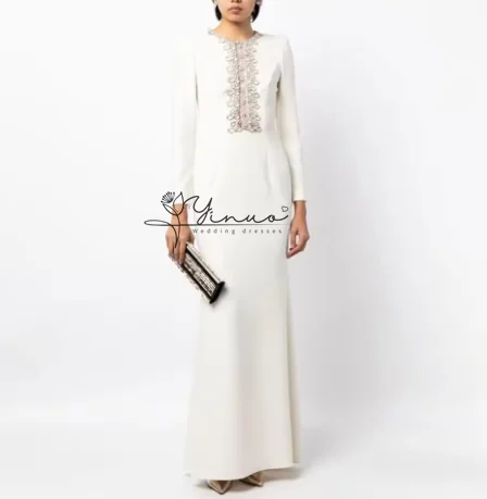 Vestidos de convidados de casamento de cristal personalizados para mulheres mangas compridas sereia vestidos de noite até o chão o pescoço trompete luxo formal