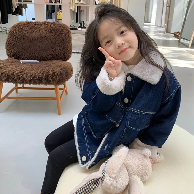 الخريف الشتاء الفتيات الدنيم سترة الدفء معطف لون نقي التلبيب القمم موضة جديدة 7 إلى 12 سنة ملابس الأطفال مريحة #2