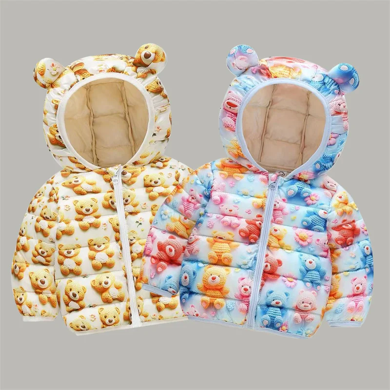 

Autumn Children Down Coats New Boys Girls Cartoon Printed Light Jackets Kids Warm Cotton Outerwear Ear Hooded Toddler Clothing